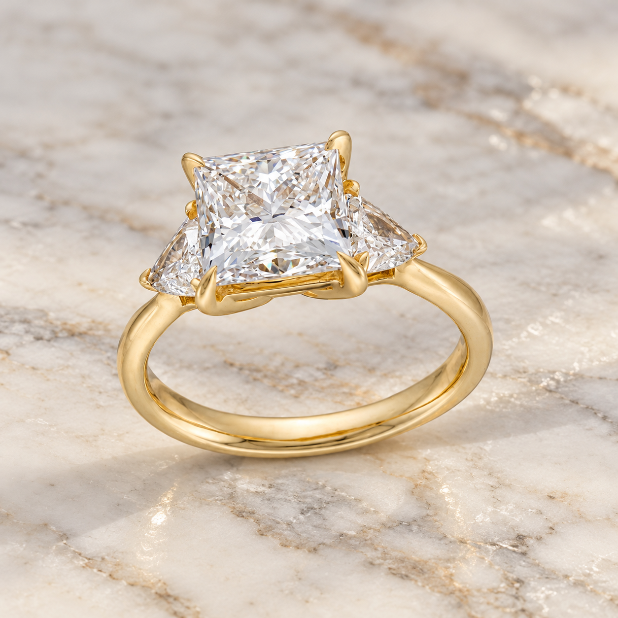 Princess Cut Lab Grown Diamond Engagement Ring Three Stone Trillion 14K Gold IGI Certified E VVS2