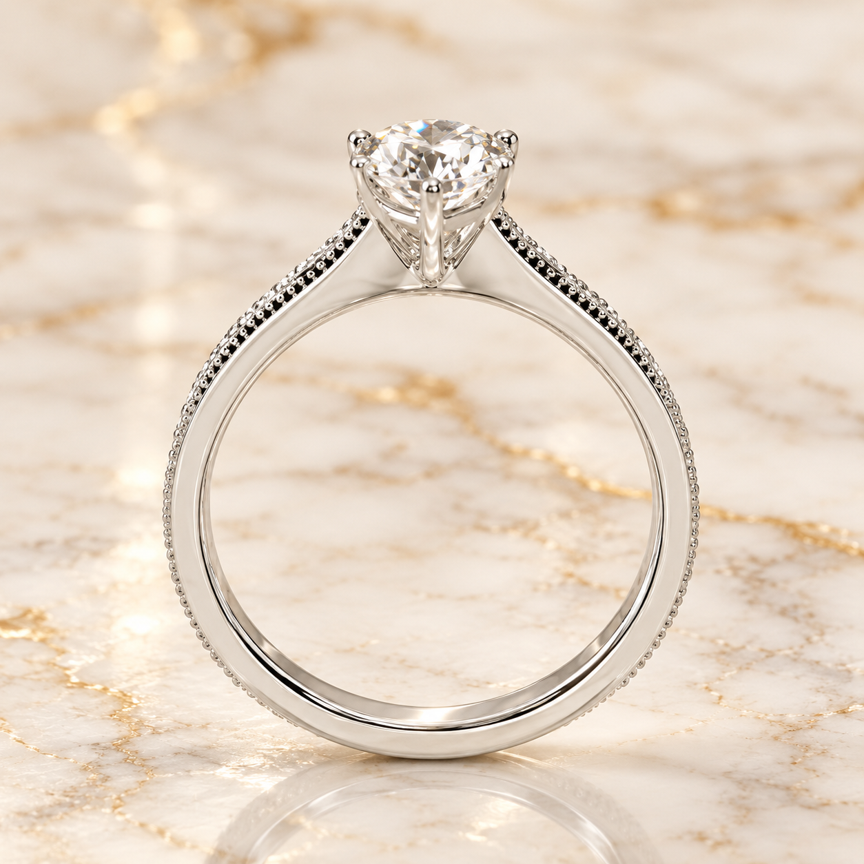 Vintage Lab Grown Diamond Engagement Ring Engraved 14K White Gold E VVS2, IGI Certified