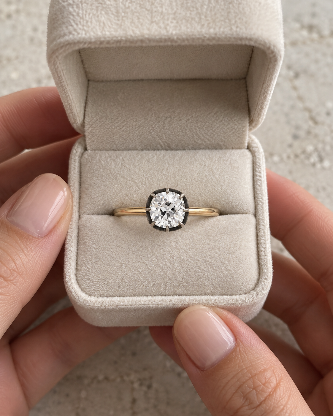 Old Mine Cushion Cut Diamond Engagement Ring Blackened Bezel 18K Yellow Gold IGI Certified