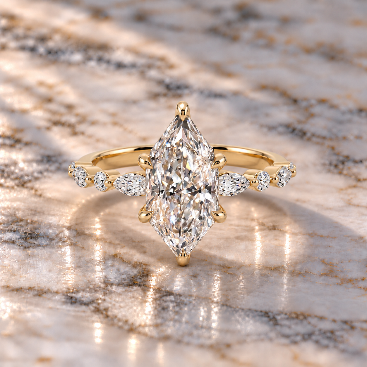 Dutch Marquise Lab Grown Diamond Engagement Ring Marquise Side Stone 14K Yellow Gold IGI Certified