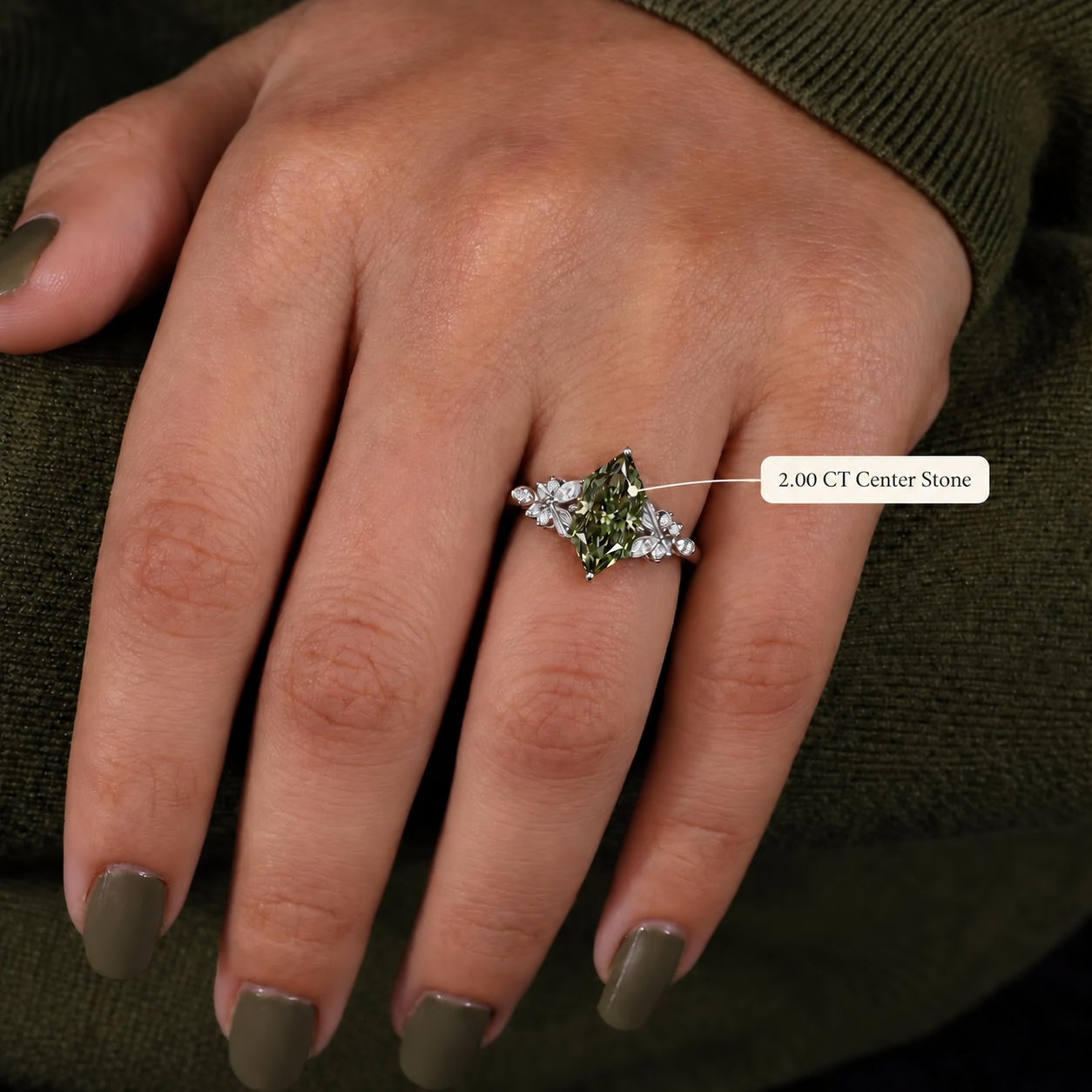 Green Marquise Lab Grown Diamond Engagement Ring Set Nature-Inspired Leaf 14K White Gold IGI Certified