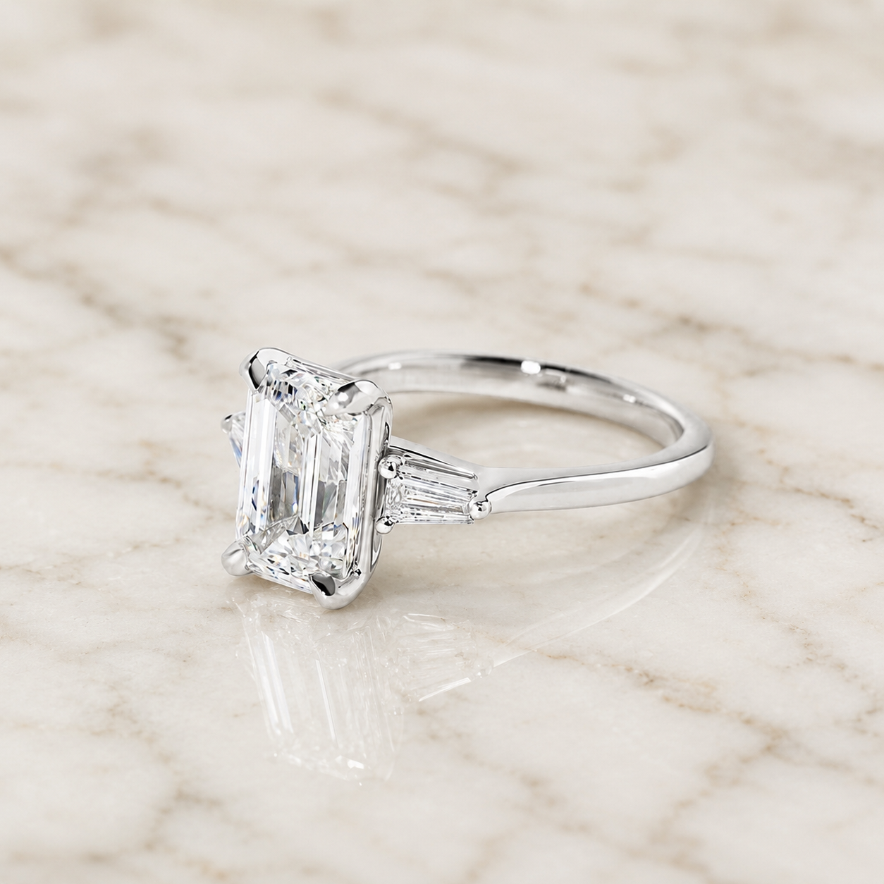 Emerald Cut Lab Grown Diamond Engagement Ring Three Stone 14K White Gold Tapered Baguette,  E VVS2