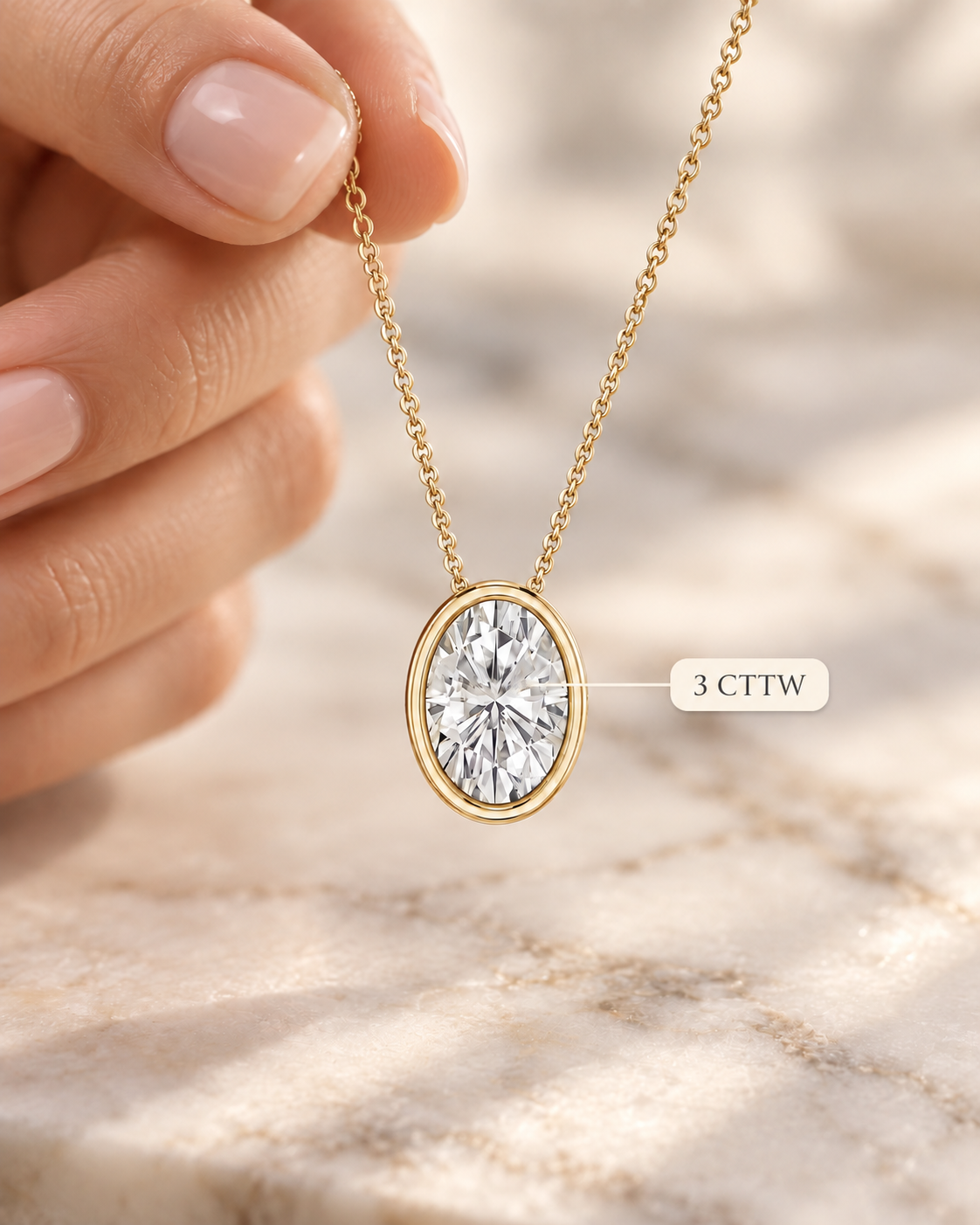 Oval Lab Grown Diamond Pendant Necklace Bezel Set 14K Gold IGI Certified Diamond Charm