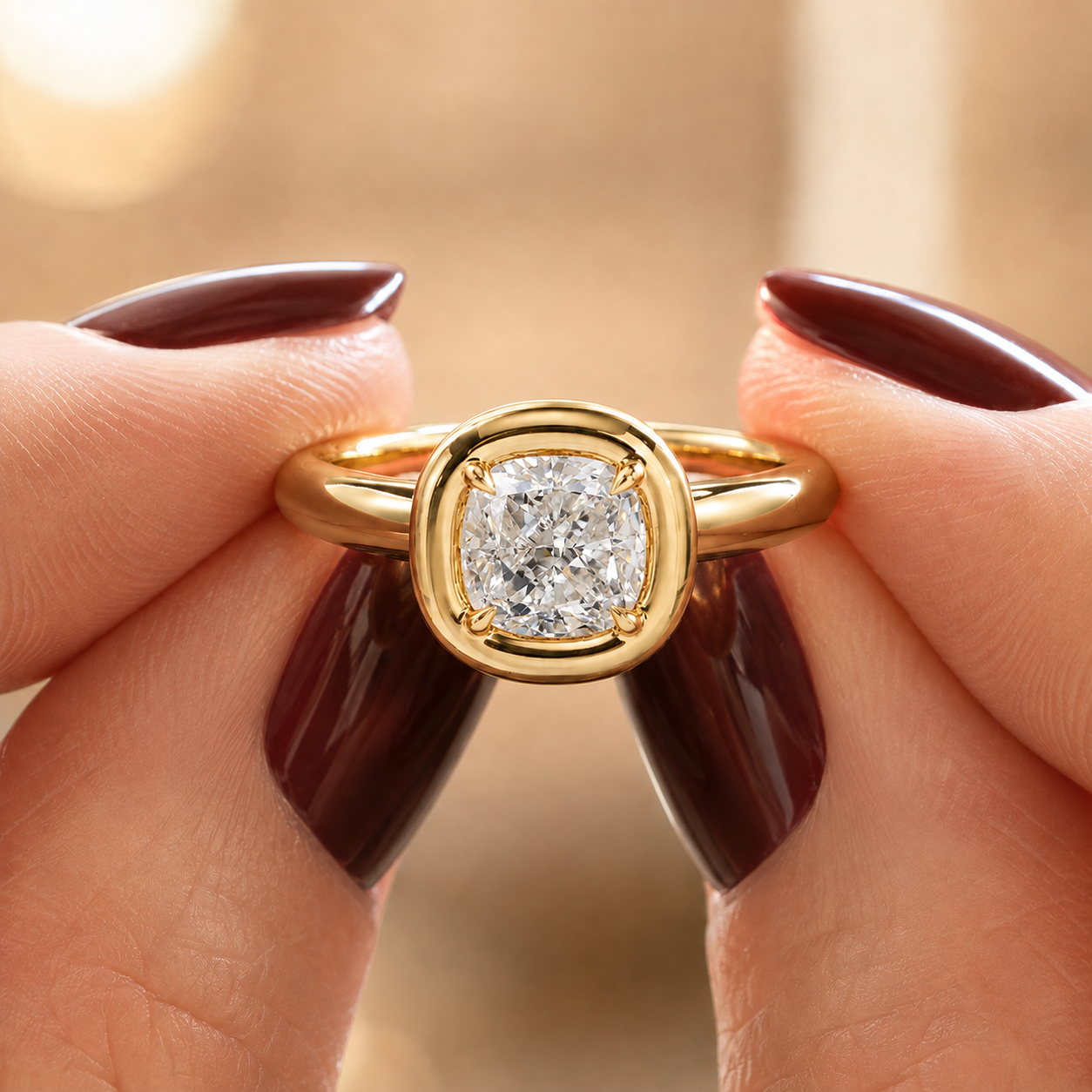 Cushion Lab Grown Diamond Engagement Ring Bezel Solitaire 14K Yellow Gold Corner Prong Setting