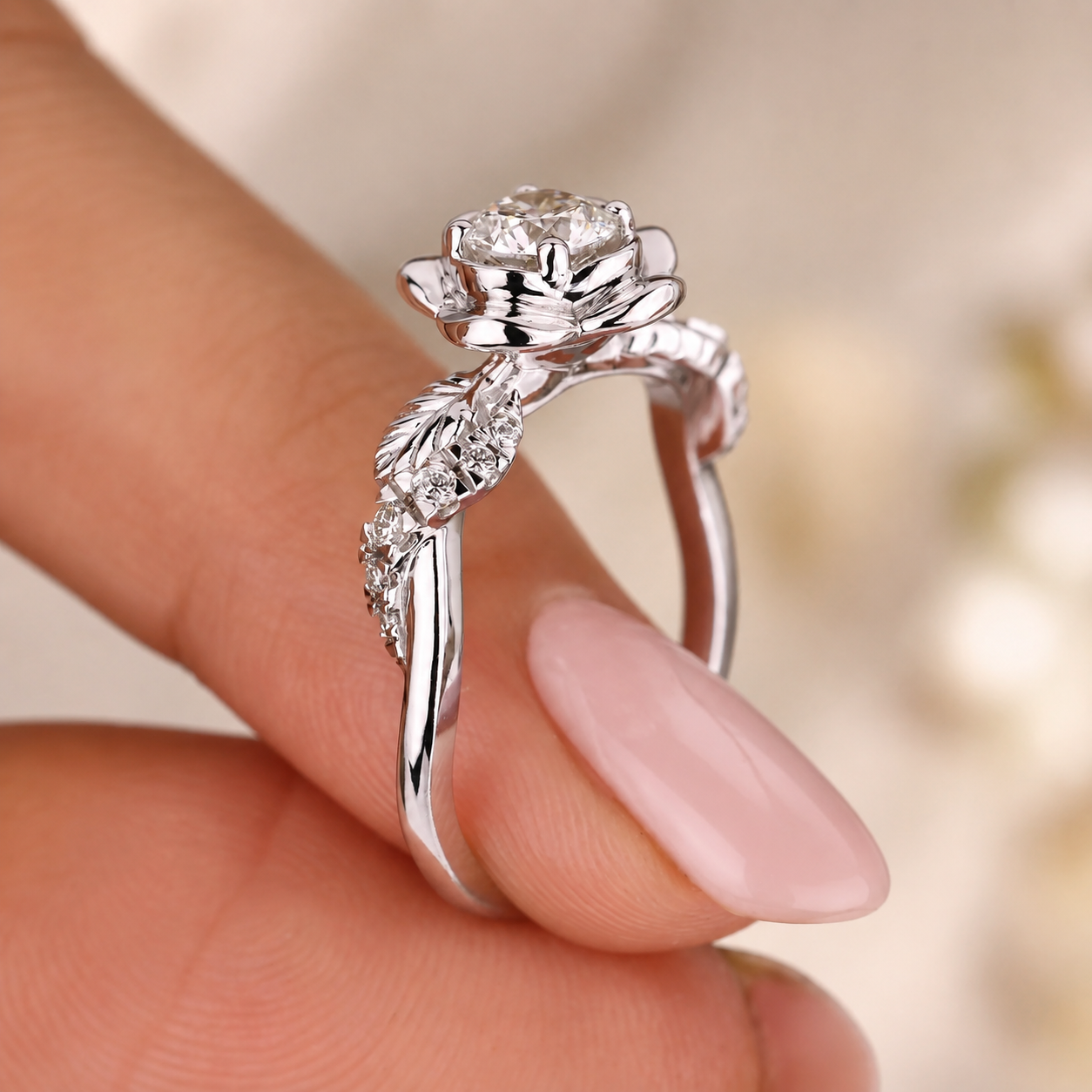 Round Lab Grown Diamond Engagement Ring Nature Leaf Rose 14K White Gold IGI Certified 1.00 Carat