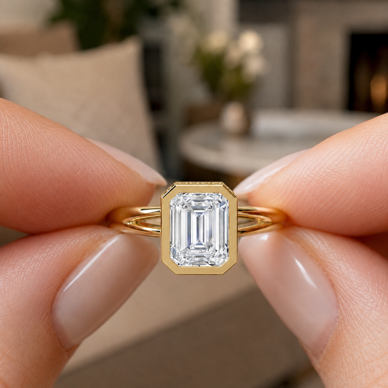 Emerald Cut Lab Grown Diamond Engagement Ring Bezel Hidden Halo 14K Yellow Gold Split Shank