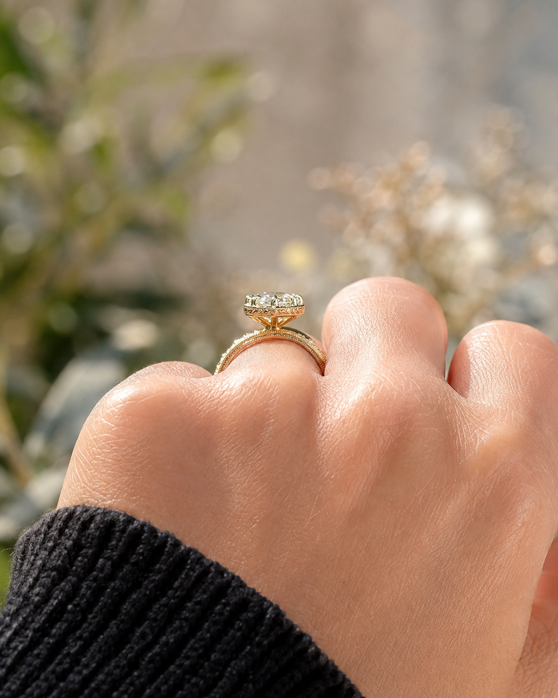 Marquise Lab Grown Diamond Engagement Ring Hand-Engraved Vintage Solitaire 14K Yellow Gold IGI Certified 3ct
