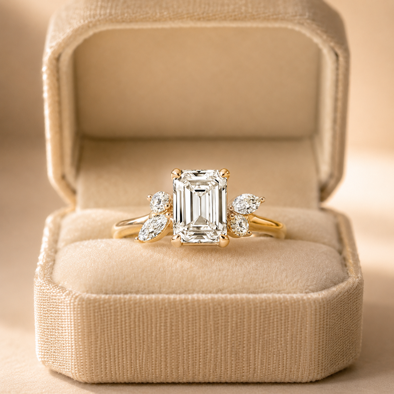 Emerald Cut Lab Grown Diamond Engagement Ring  Floral Side Stone 14K Rose Gold  IGI Certified 2 Carat E VVS2