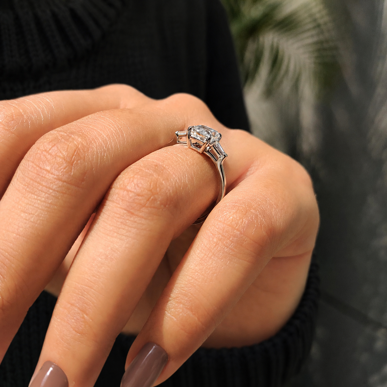 Cushion Lab Grown Diamond Engagement Ring Three Stone 14K White Gold Tapered Baguette 2 Carat