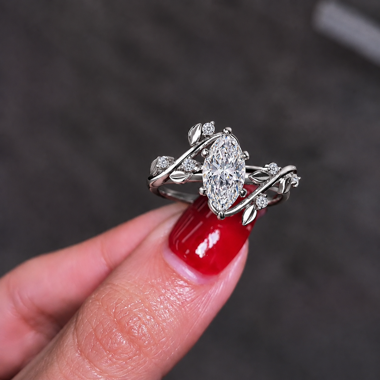 Marquise Lab Grown Diamond Engagement Ring Leaf Vine 14K White Gold IGI Certified 1 Carat