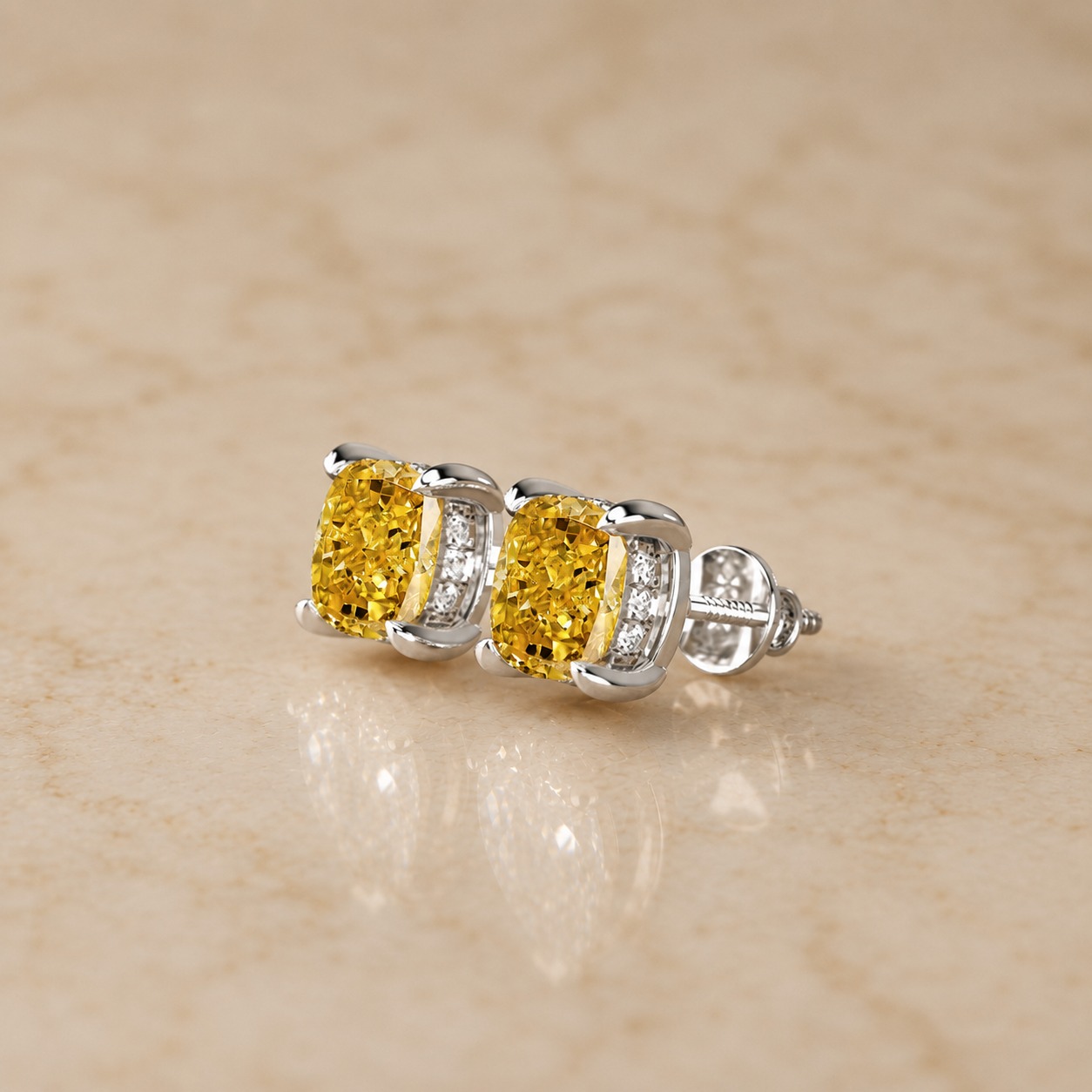 Yellow Cushion Lab Grown Diamond Stud Earrings Hidden Halo 14K White Gold IGI Certified 3.5 Carat