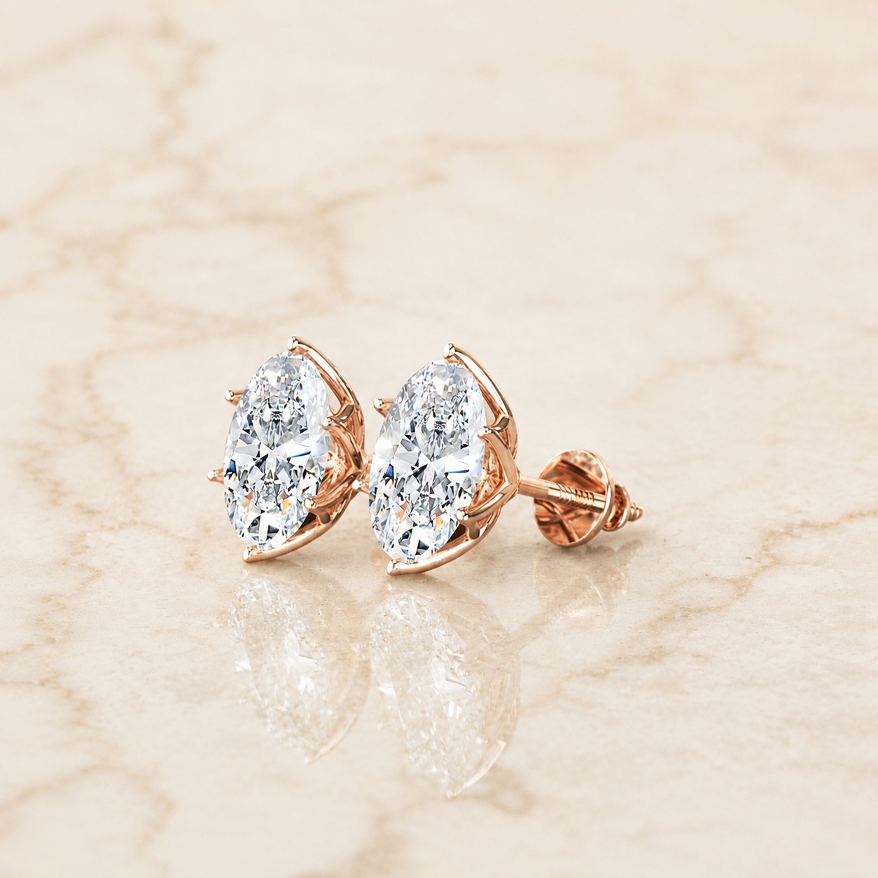 Oval Lab Grown Diamond Stud Earrings Solitaire 14K Rose Gold IGI Certified 2ct Screw-Back