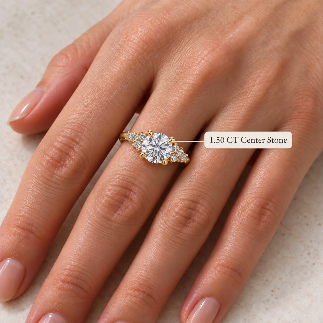 Round Lab Grown Diamond Engagement Ring Floral Cluster 18K Yellow Gold Petal Gallery Four Prong