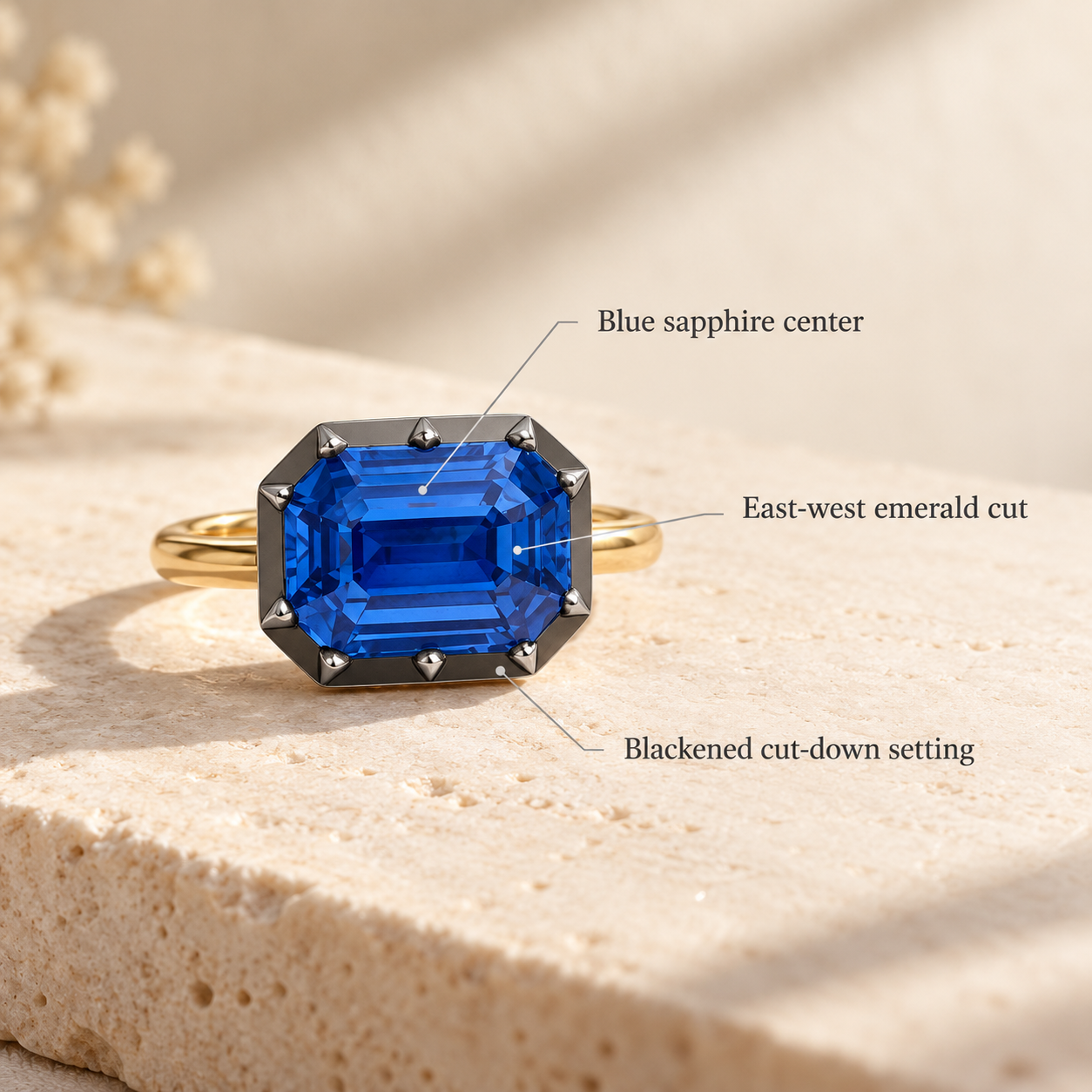 Blue Emerald Cut Sapphire East-West Ring Button Back 18K Yellow Gold Solitaire