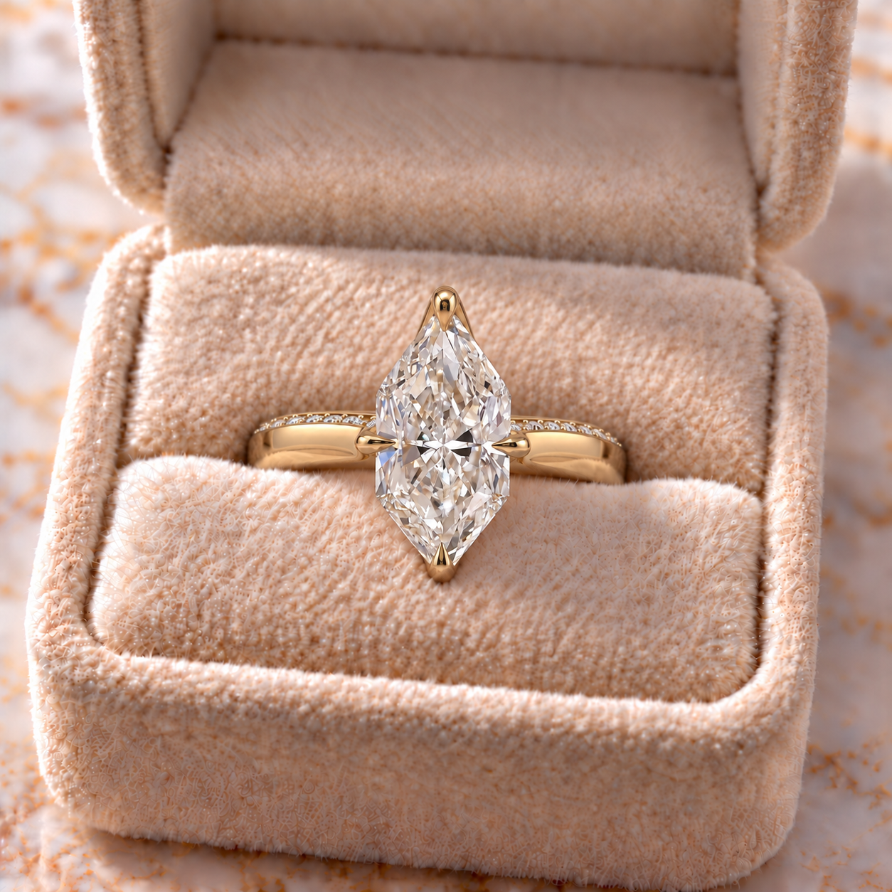 Dutch Marquise Lab Grown Diamond Engagement Ring Solitaire 14K Yellow Gold IGI Certified Pave Hidden Detail