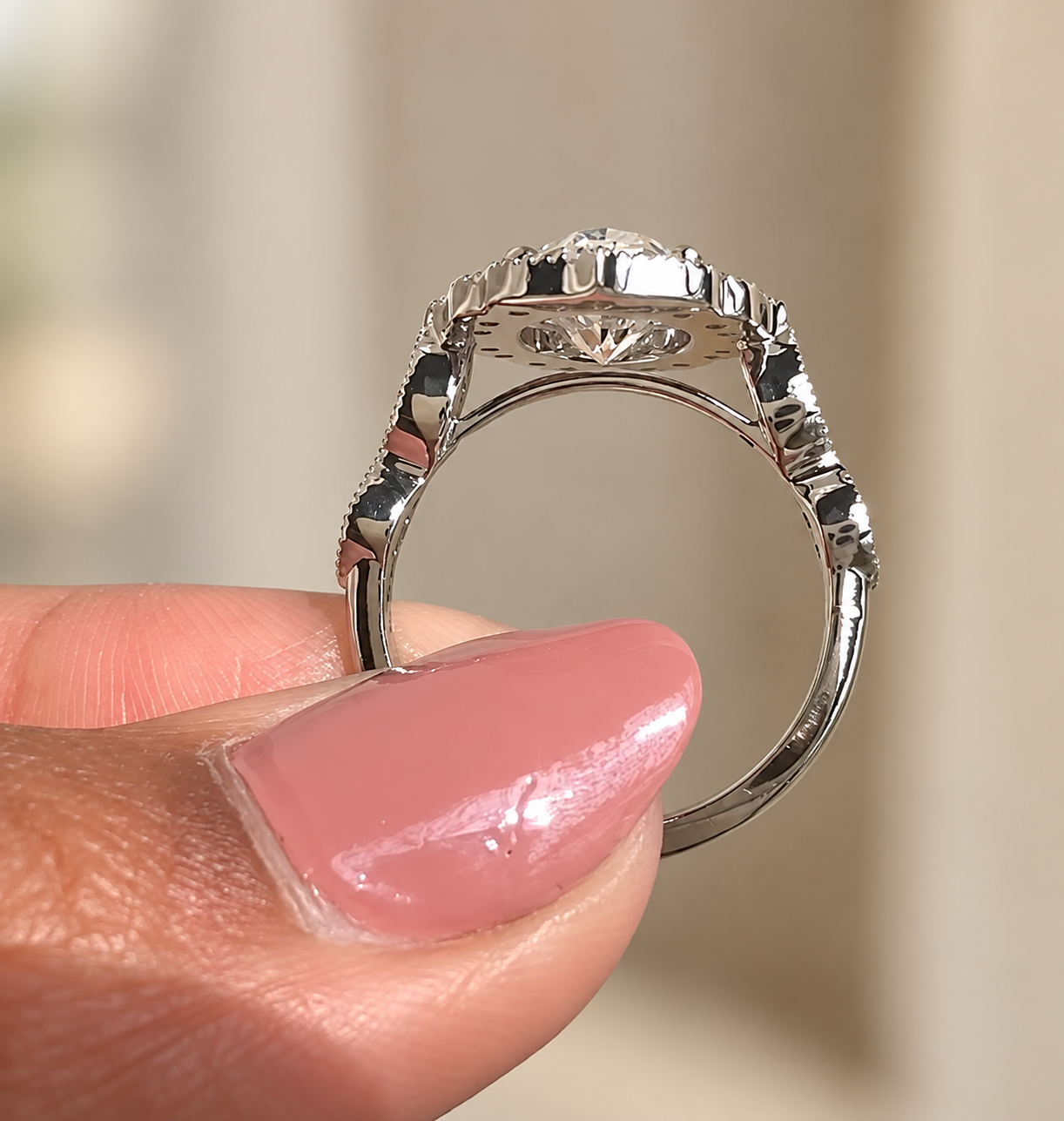 Oval Lab Grown Diamond Engagement Ring Vintage Floral Double Halo 14K White Gold Milgrain E VVS2