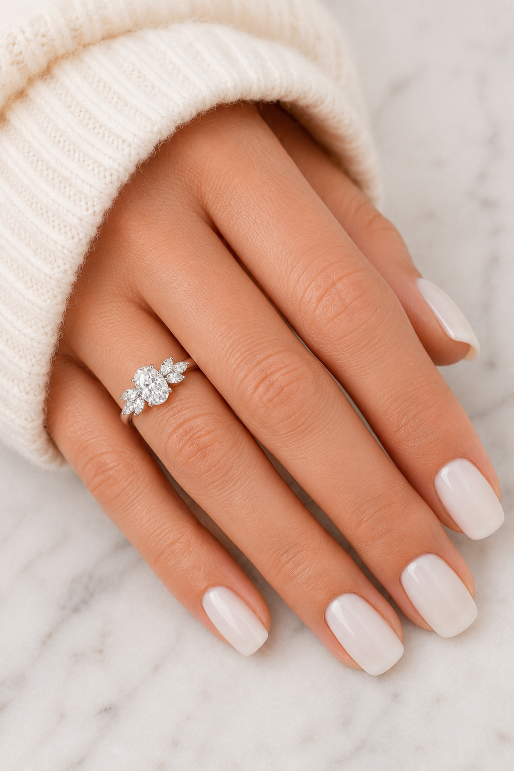 Oval Lab Grown Diamond Engagement Ring Marquise Petal Accent 14K White Gold E VVS2
