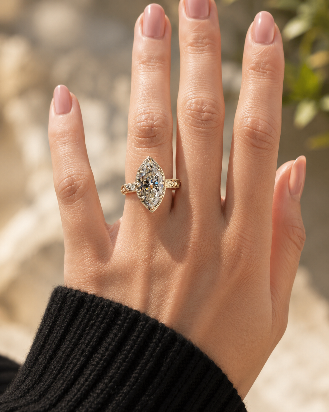 Marquise Lab Grown Diamond Engagement Ring Hand-Engraved Vintage Solitaire 14K Yellow Gold IGI Certified 3ct
