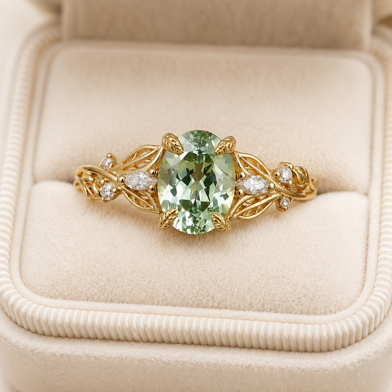 Oval Green Sapphire Engagement Ring Leaf & Vine 14K Yellow Gold Nature Inspired Diamond Accents