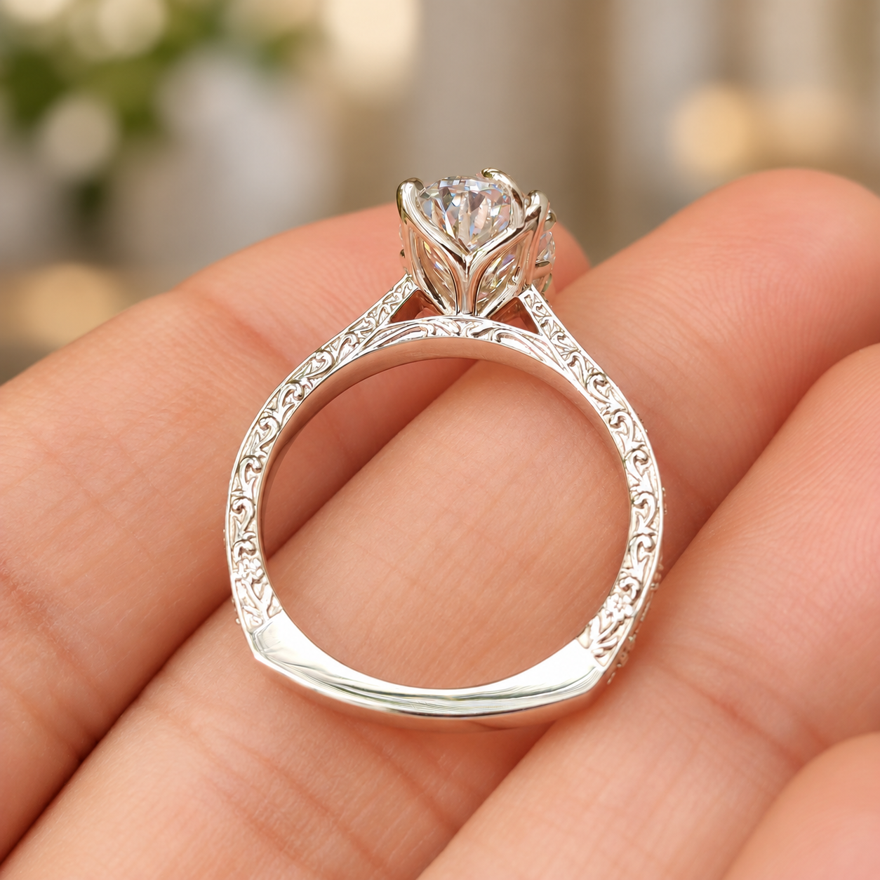 Oval Lab Grown Diamond Engagement Ring Nature Vintage Euro Shank 14K White Gold IGI Certified 2 Carat