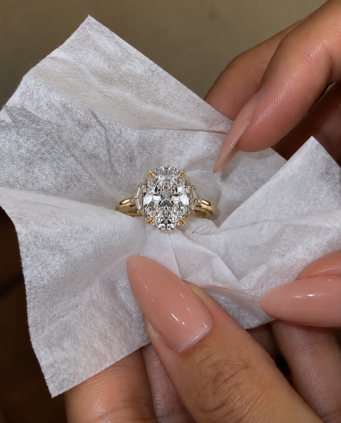 Oval Lab Grown Diamond Engagement Ring Three Stone Cadillac 14K Yellow Gold IGI Certified