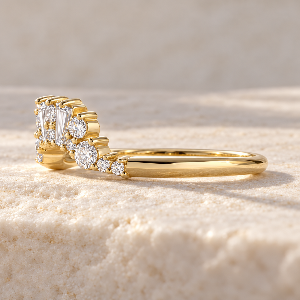 Art Deco Diamond Wedding Band Baguette & Round Cluster 14K Yellow Gold Lab Grown Diamonds