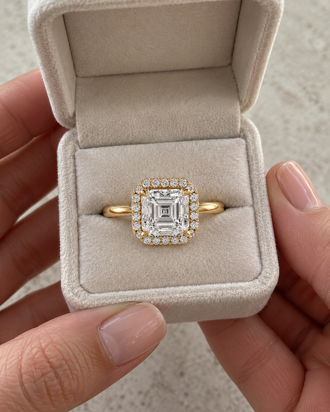 Asscher Lab Grown Diamond Engagement Ring Octagonal Halo 14K White Gold IGI Certified E VVS2