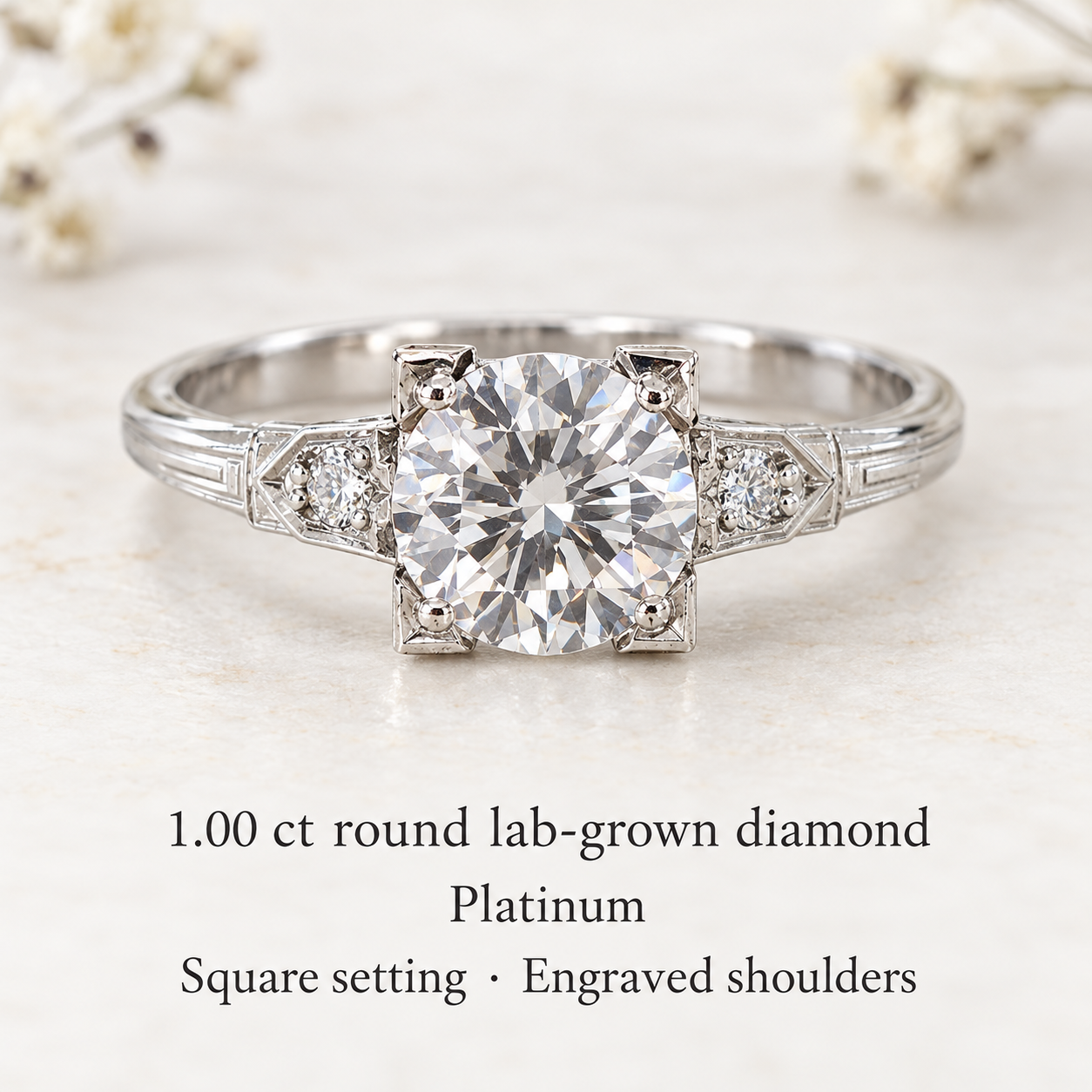Round Lab Grown Diamond Engagement Ring Art Deco Three Stone 14K Gold E VVS2