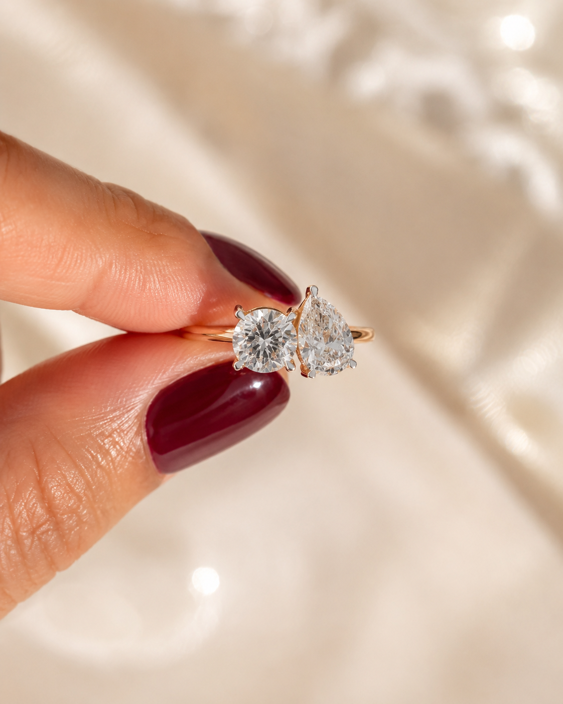 Round & Pear Lab Grown Diamond Toi et Moi Ring Two Stone 14K Rose Gold 2 Carat E VVS2