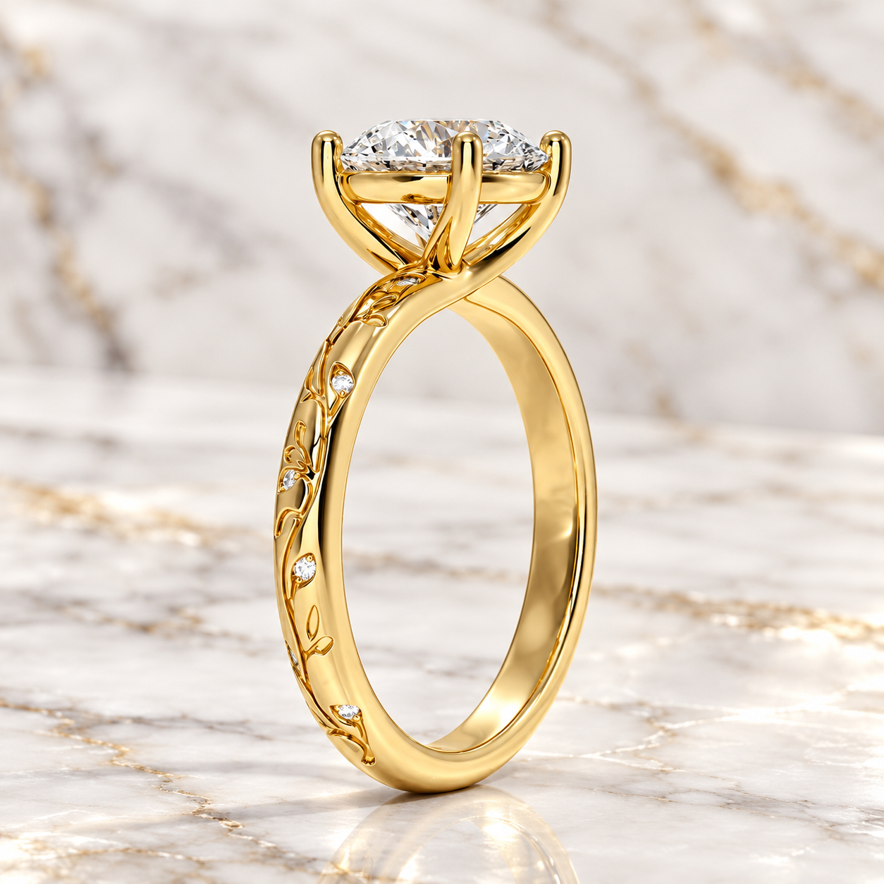Round Lab-Grown Diamond Engagement Ring, 18K Yellow Gold, Nature-Inspired Engraved Band