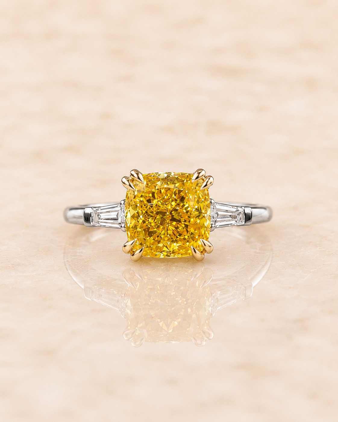 Yellow Cushion Lab Grown Diamond Engagement Ring Three Stone 14K White Gold Tapered Baguette, IGI Certified
