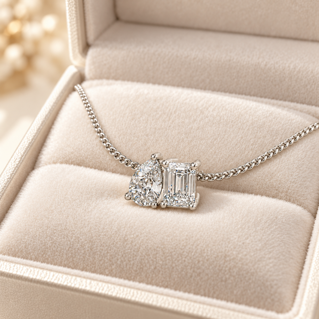 Toi et Moi Lab Diamond Pendant: Pear & Emerald Cut, 14K White Gold Necklace