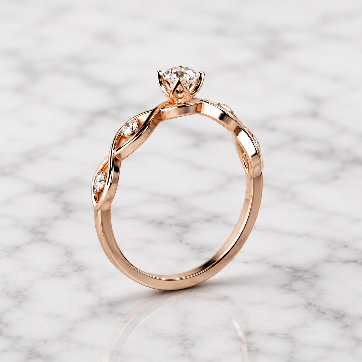 Round Lab Grown Diamond Engagement Ring Twisted Shank Solitaire 14K Rose Gold VVS2 E Side Stones