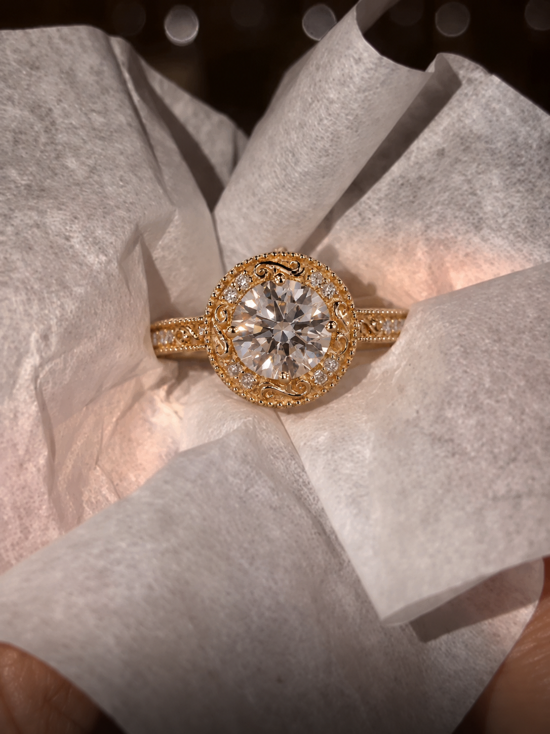 Round Lab Grown Diamond Engagement Ring Vintage Halo 14K Yellow Gold IGI Certified E VVS2