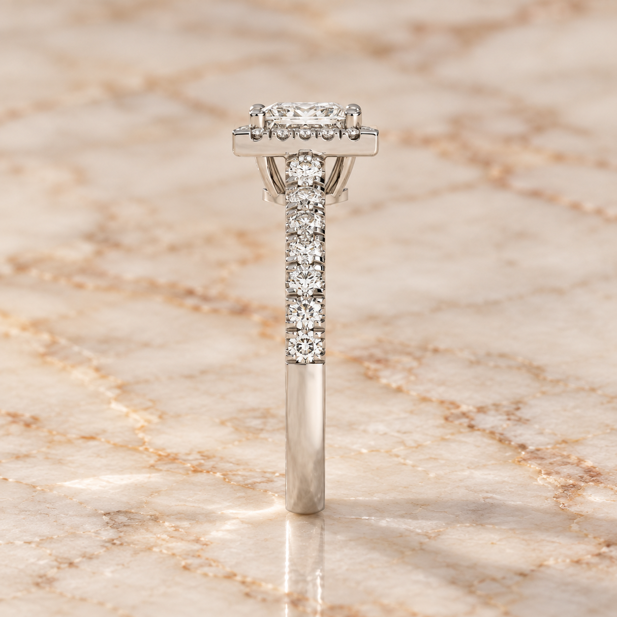 Princess Lab Grown Diamond Engagement Ring Cathedral Halo 14K White Gold Pave Band