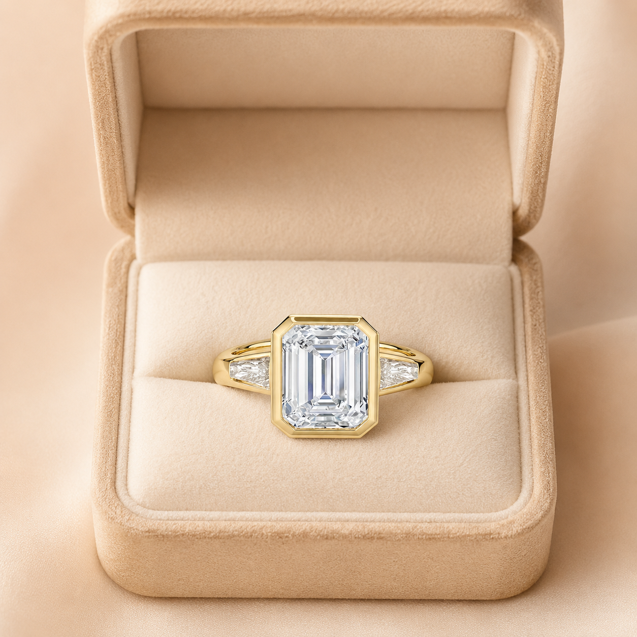 Emerald Cut Lab Grown Diamond Engagement Ring Three Stone Bezel 14K Yellow Gold Tapered Baguette Setting