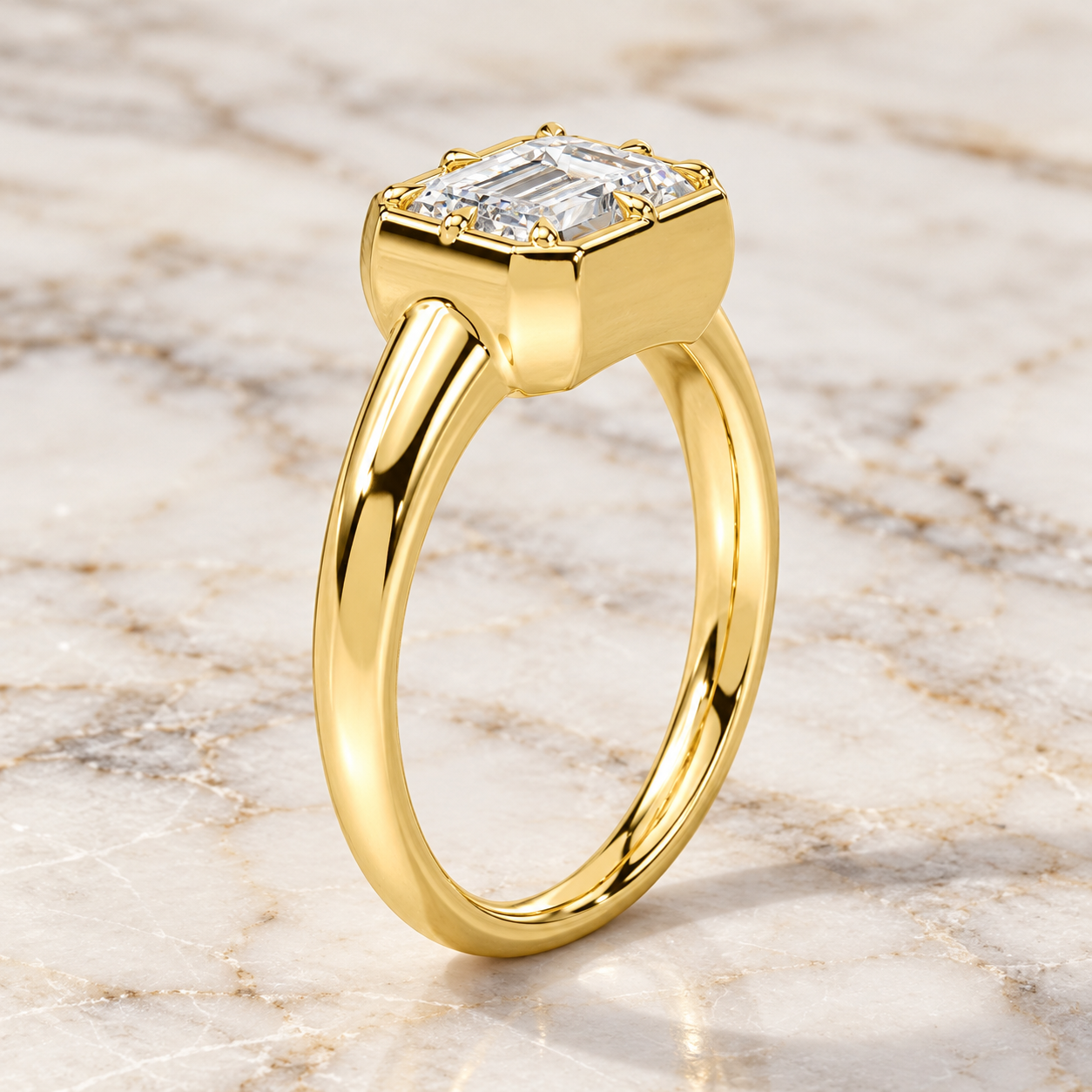 Emerald Cut Lab Grown Diamond Engagement Ring East West Solitaire 14K Yellow Gold Button Back Setting