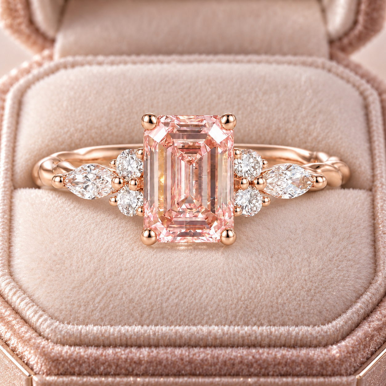 Emerald Cut Pink Lab Diamond Engagement Ring, Twisted Rose Gold Band, IGI Certified