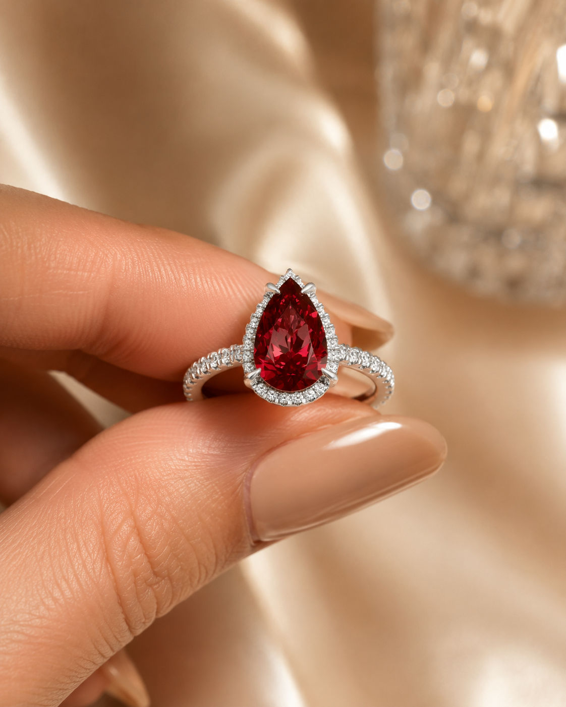 2.50 Ct Pear Lab Grown Ruby Halo Engagement Ring in Platinum