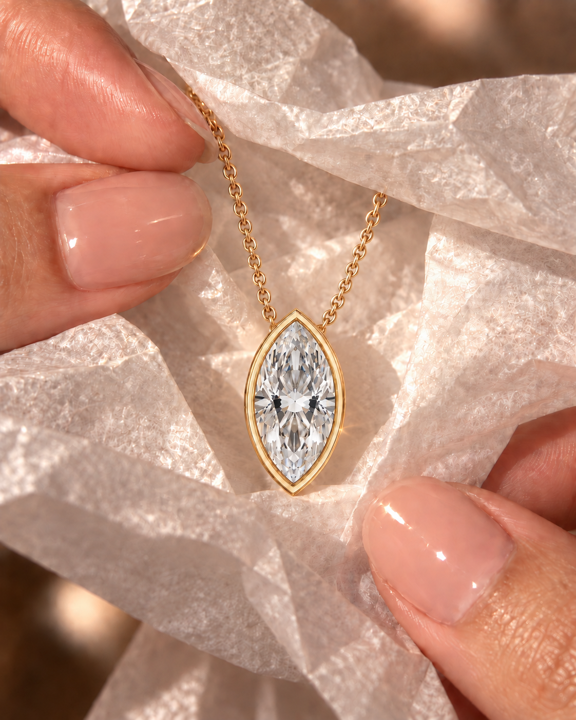 Marquise Lab Grown Diamond Pendant Necklace Bezel Solitaire 14K Yellow Gold IGI Certified 2ct