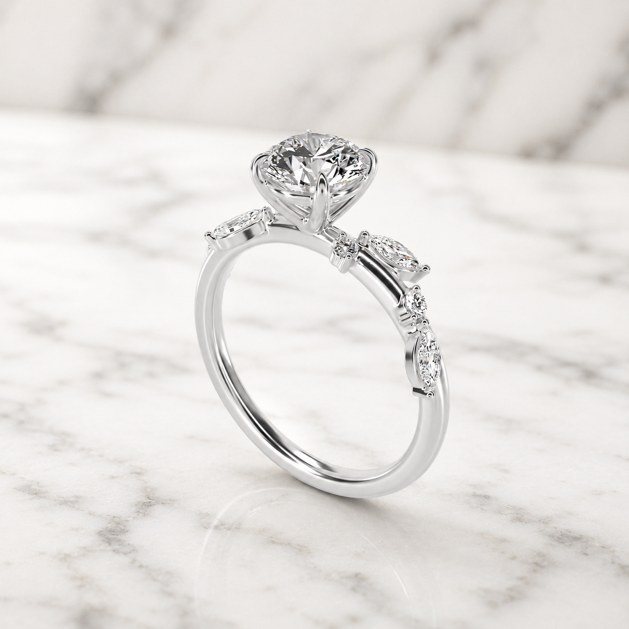 Round Lab Grown Diamond Engagement Ring Marquise Side Stone 14K White Gold IGI Certified 1 Carat