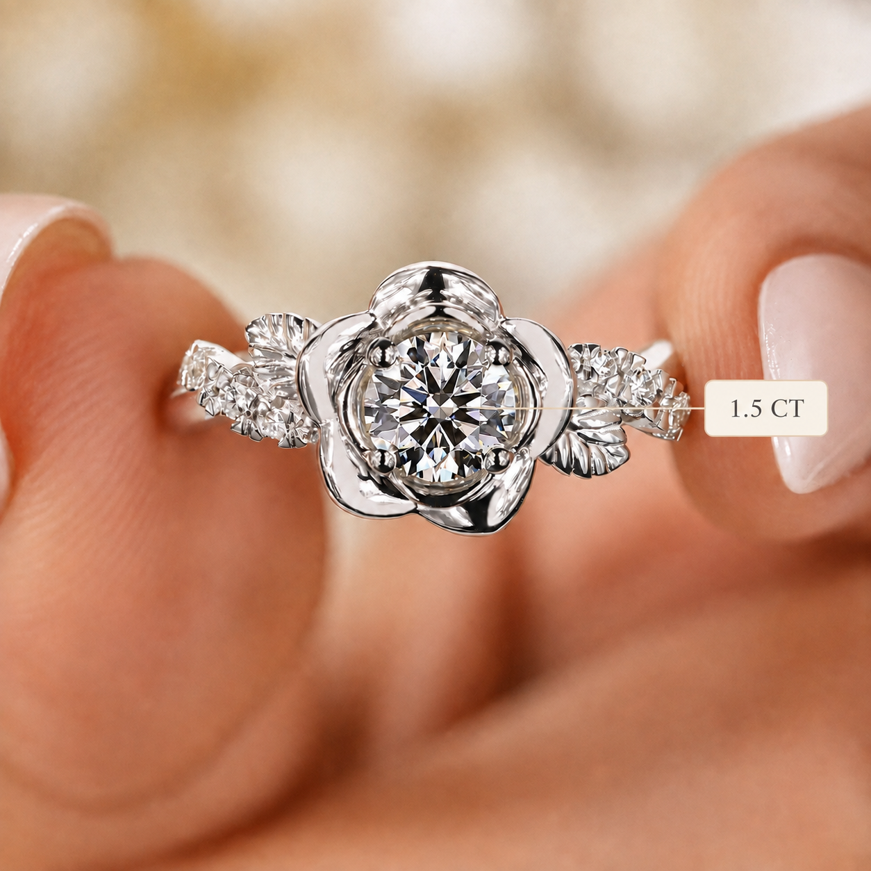 Round Lab Grown Diamond Engagement Ring Nature Leaf Rose 14K White Gold IGI Certified 1.00 Carat