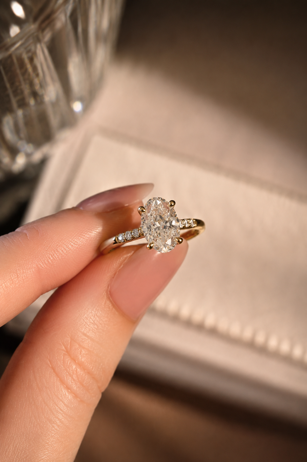 Oval Lab Grown Diamond Engagement Ring – Cathedral Trio Pavé 14K Gold – IGI Certified E VVS2