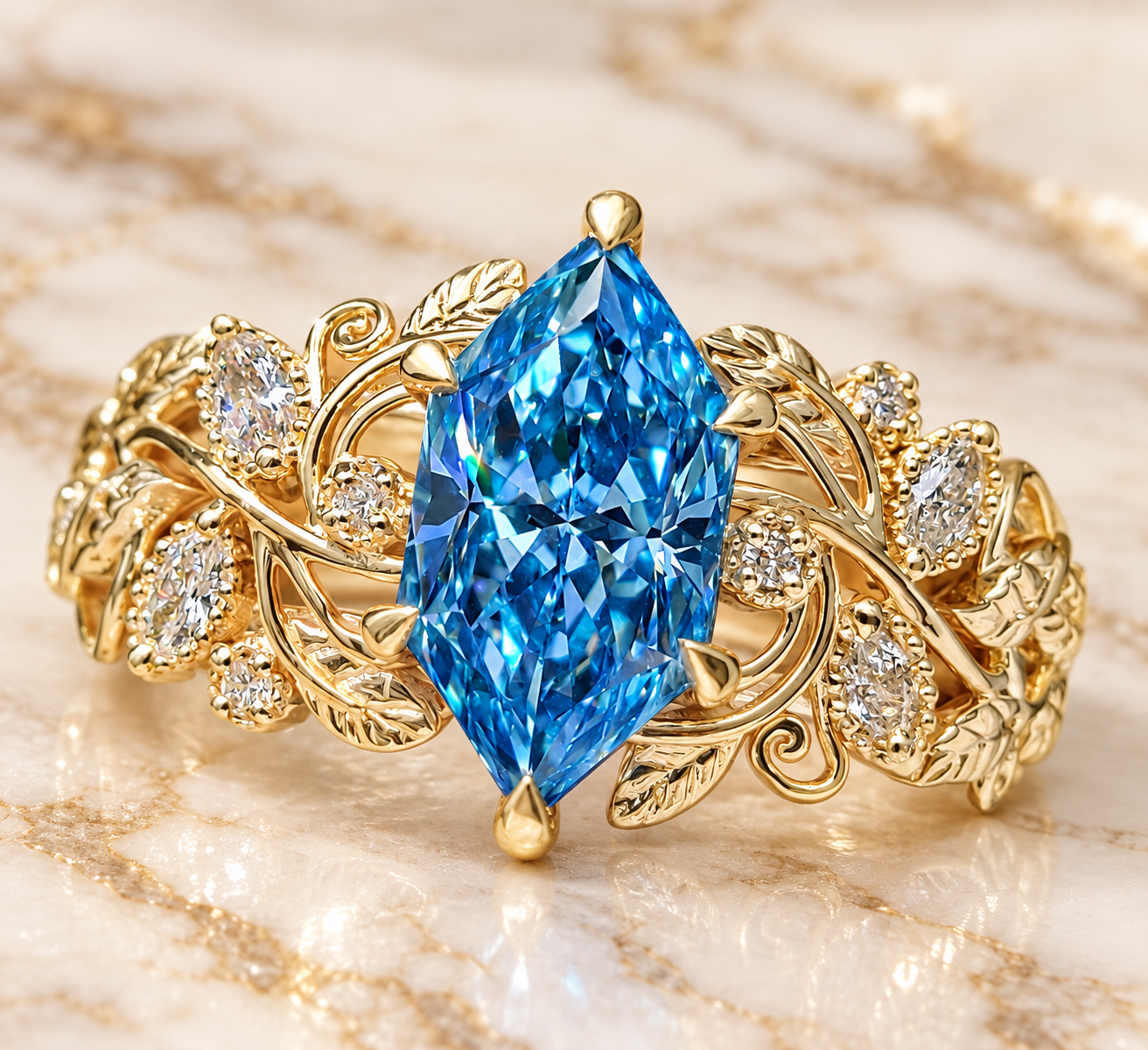 Blue Marquise Lab Grown Diamond Engagement Ring Leaf & Vine 14K Gold IGI Certified 1.5 Carat