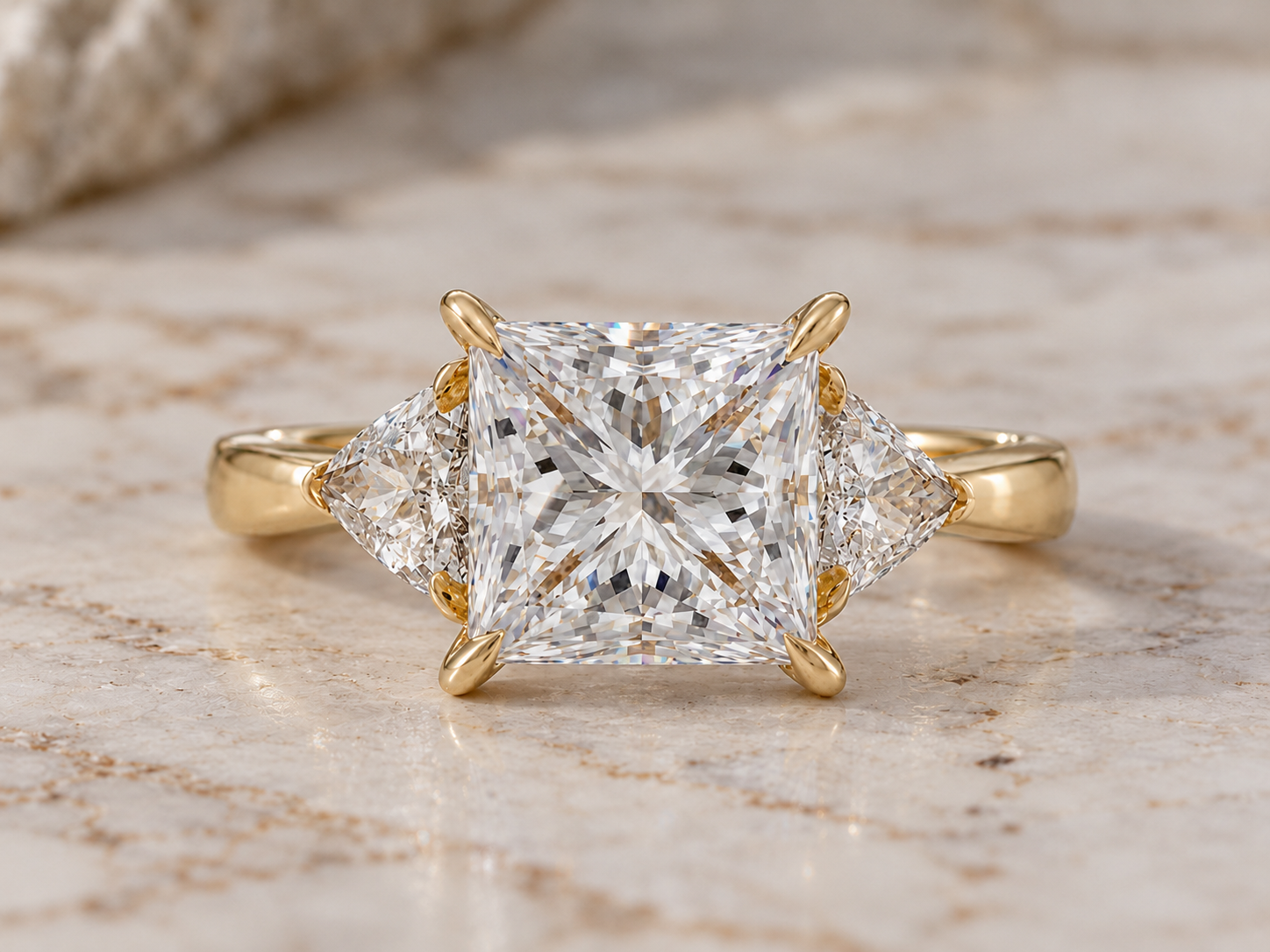 Princess Cut Lab Grown Diamond Engagement Ring Three Stone Trillion 14K Gold IGI Certified E VVS2