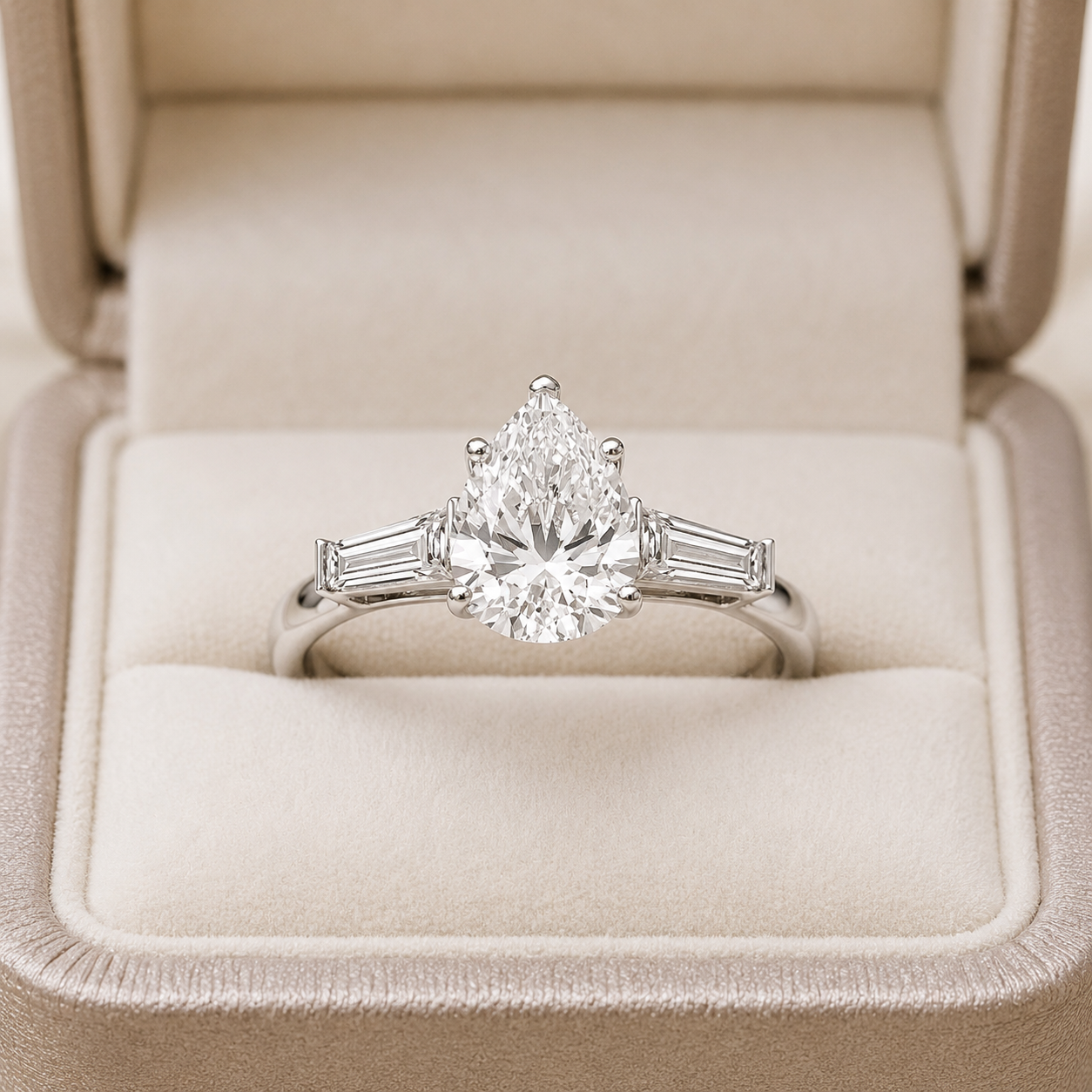 Pear Cut Lab Grown Diamond Engagement Ring Three Stone 14K Yellow Gold Tapered Baguette Side Stones