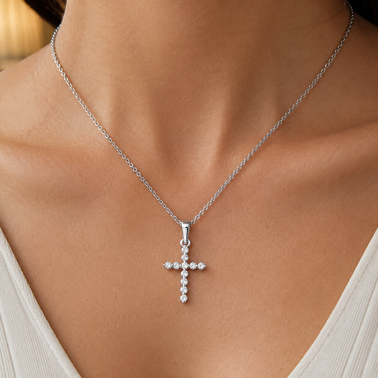 Round Lab Grown Diamond Cross Pendant Necklace Shared Prong 14K White Gold Adjustable Chain for Her