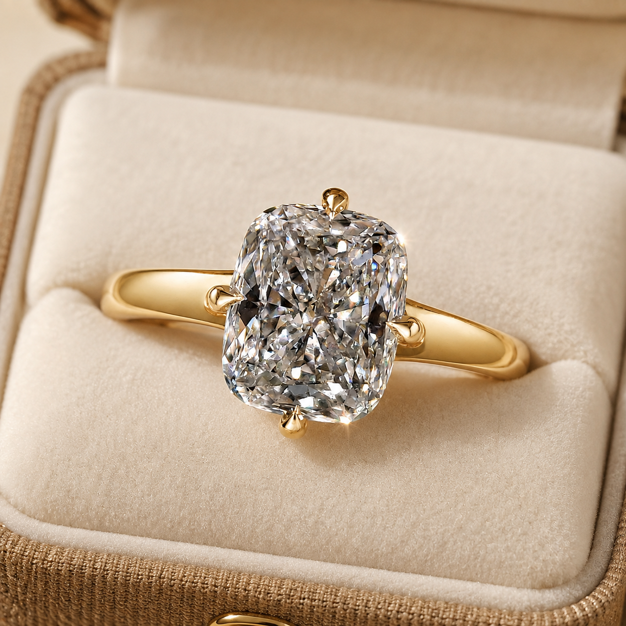 Cushion Cut Lab Grown Diamond Engagement Ring Four Prong Solitaire 14K Yellow Gold E VVS2 Elongated