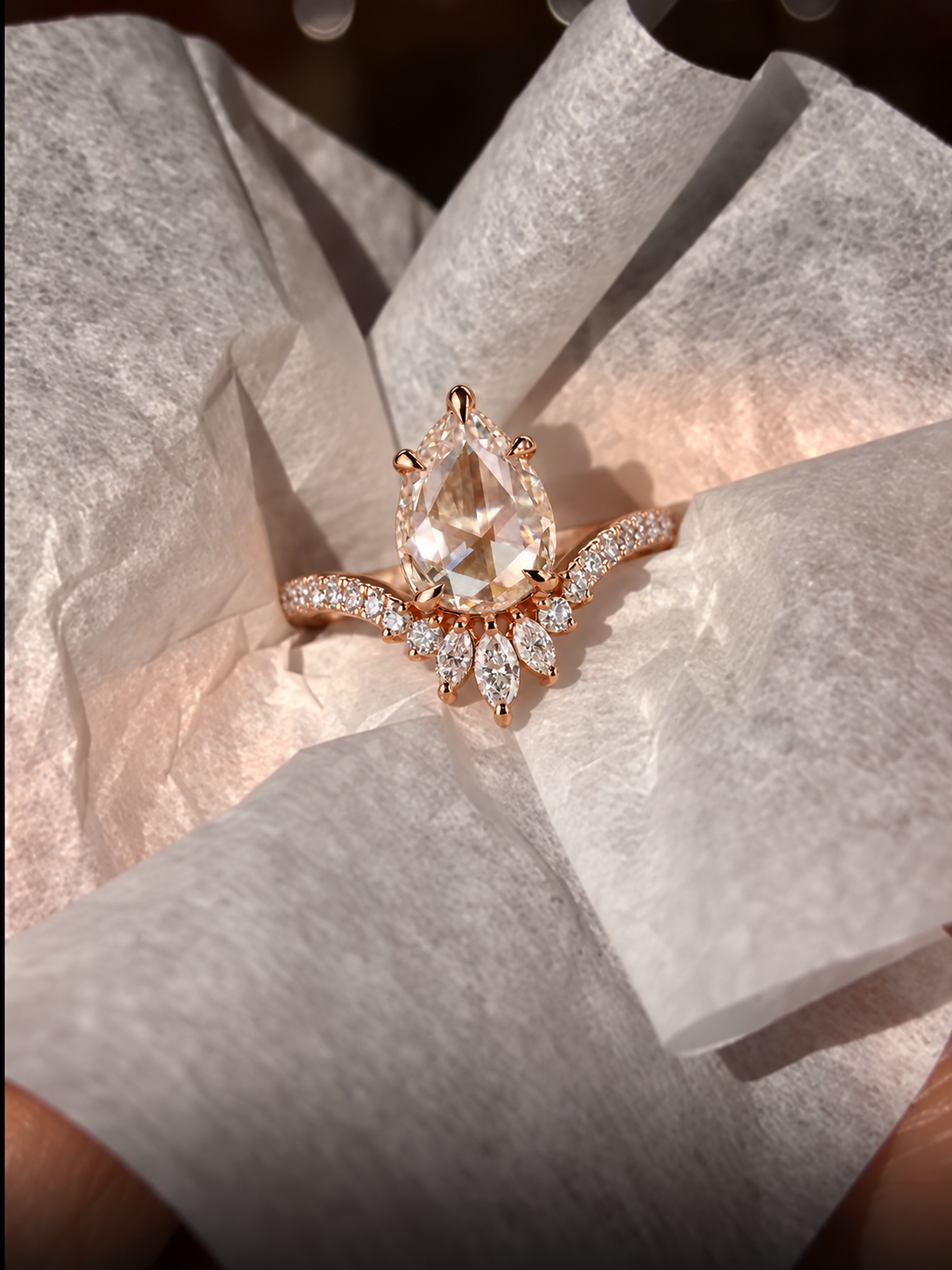 Pear Rose Cut Lab Grown Diamond Engagement Ring Claw Prong 14K Rose Gold IGI Certified