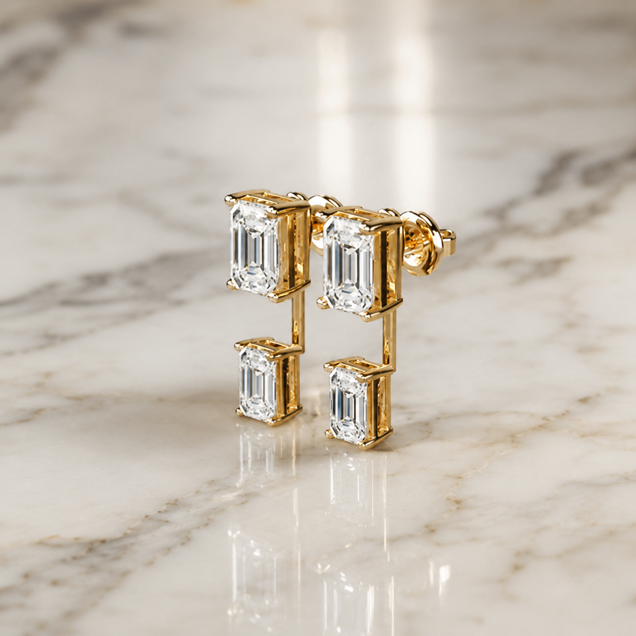 Emerald Cut Lab Grown Diamond Stud Earrings Detachable Ear Jacket 14K Gold 3ct E VVS2 IGI Certified